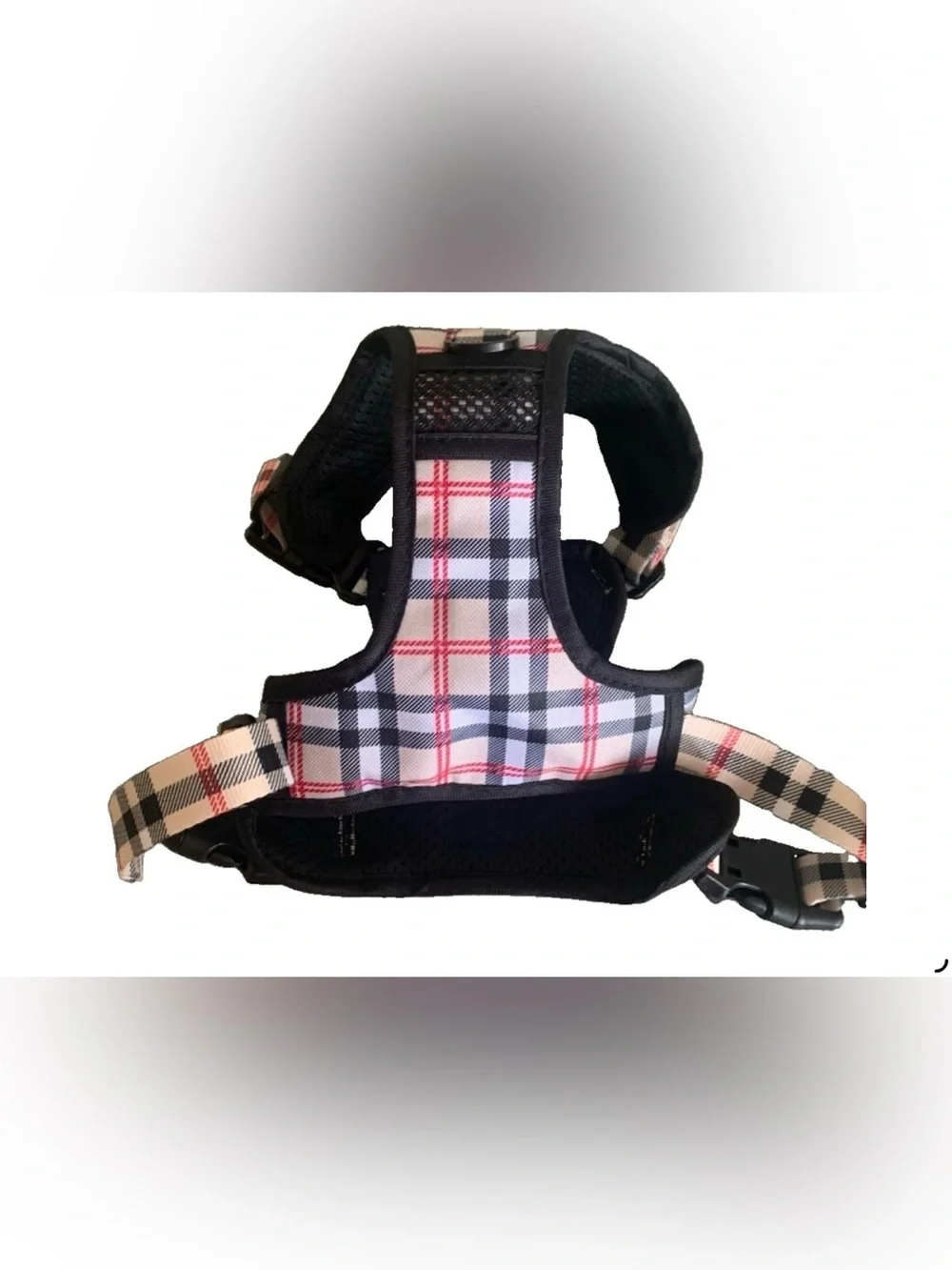 Plaid Padded Dog Harness with Matching Safety Leash - Black/Beige